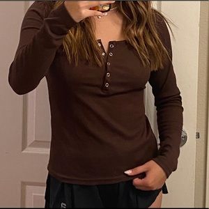 SHEIN brown henley long sleeve top